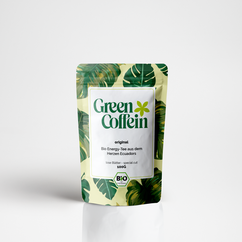 Bio Guayusa Tee 100g von Green Coffein – Vorderansicht Papierbeutel mit Bio-Siegel
